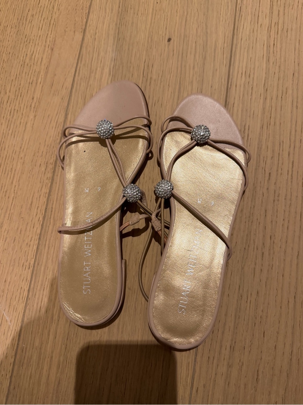 Stuart Weitzman Nude Blush Crystal-Accent Strappy Flat Sandals